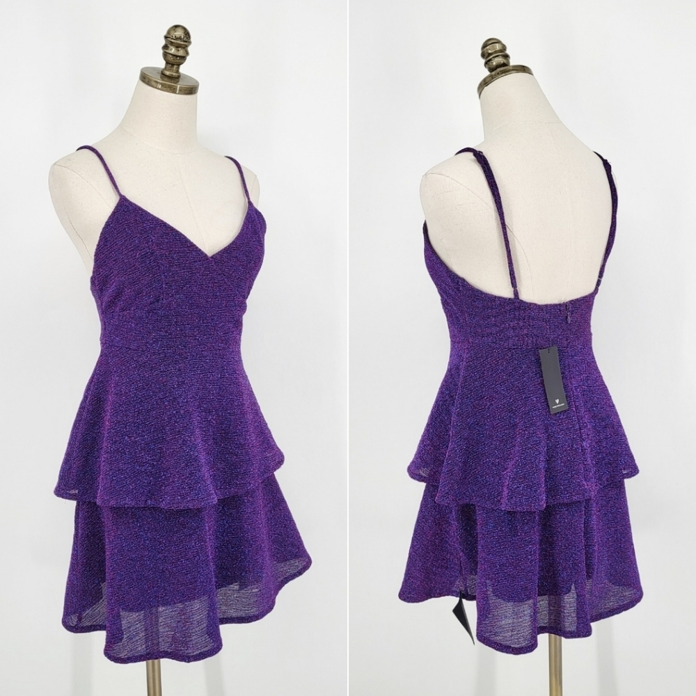 Lulus Tiered Mini Dress Sleeveless Glitter Purple Size Small NEW NWT